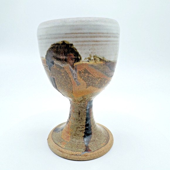 Studio Art Pottery Goblet Chalice Cup Textured Brown Gray Stoneware Signed #3 - Picture 1 of 9